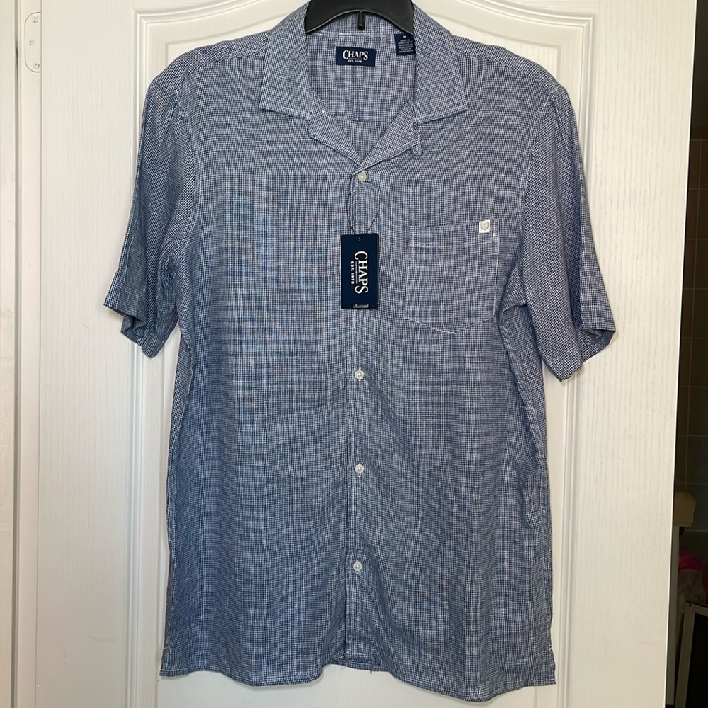 Chaps navy and white houndstooth button down linen blend shirt sz M